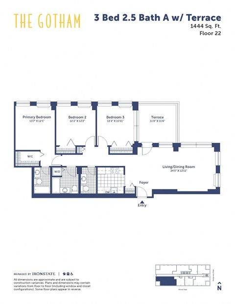 Floor plan for 3 beds, 2.5 baths, 1444 sqft